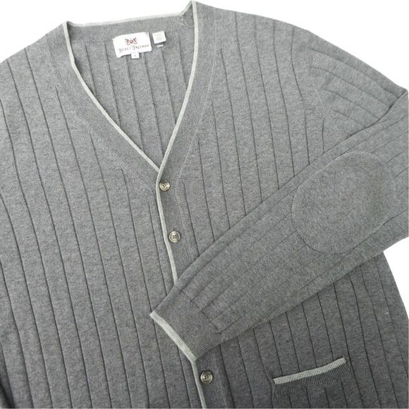 Hickey Freeman Grey Ribbed Cardigan Cotton Silk Blend Elbow Patches Pockets XL - Picture 6 of 8